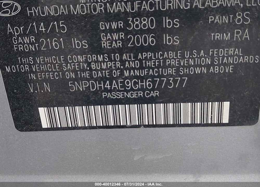 2016 HYUNDAI ELANTRA VIN: 5NPDH4AE9GH677377