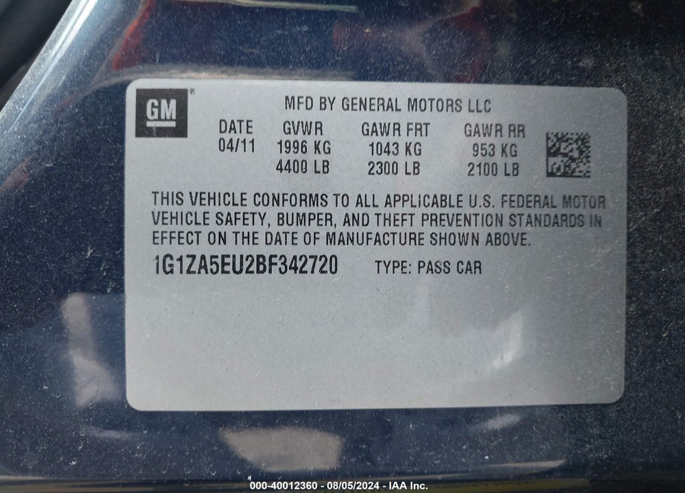 2011 CHEVROLET MALIBU LS VIN: 1G1ZA5EU2BF342720
