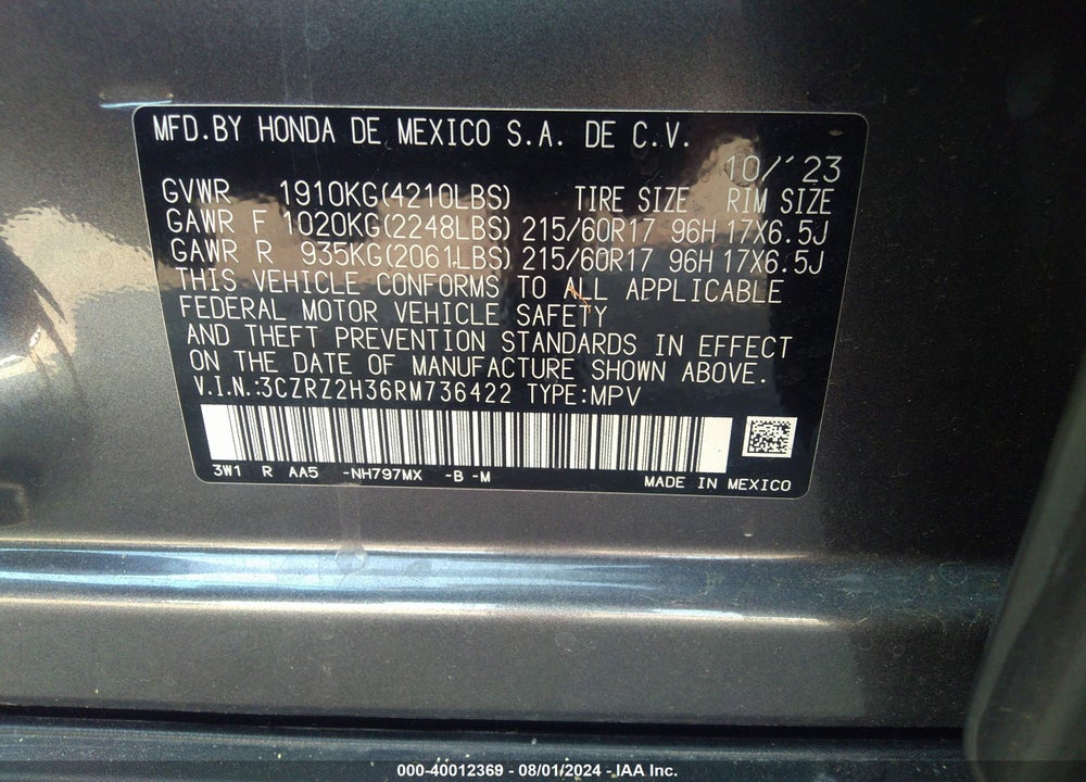 2024 HONDA HR-V AWD LX VIN: 3CZRZ2H36RM736422