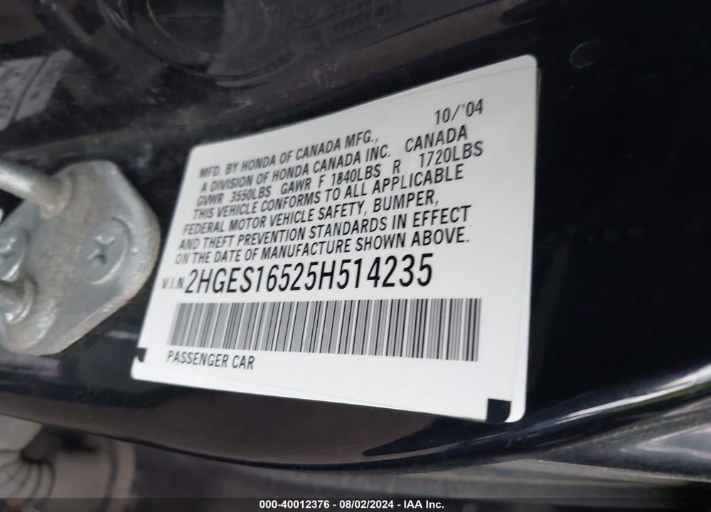 2005 HONDA CIVIC LX VIN: 2HGES16525H514235