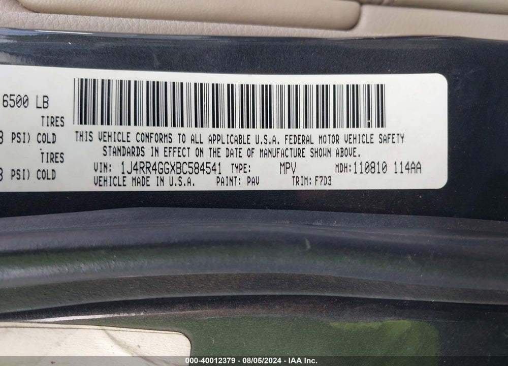 2011 JEEP GRAND CHEROKEE LAREDO VIN: 1J4RR4GGXBC584541