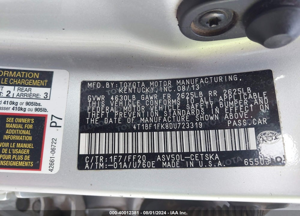 2013 TOYOTA CAMRY SE VIN: 4T1BF1FK8DU723319