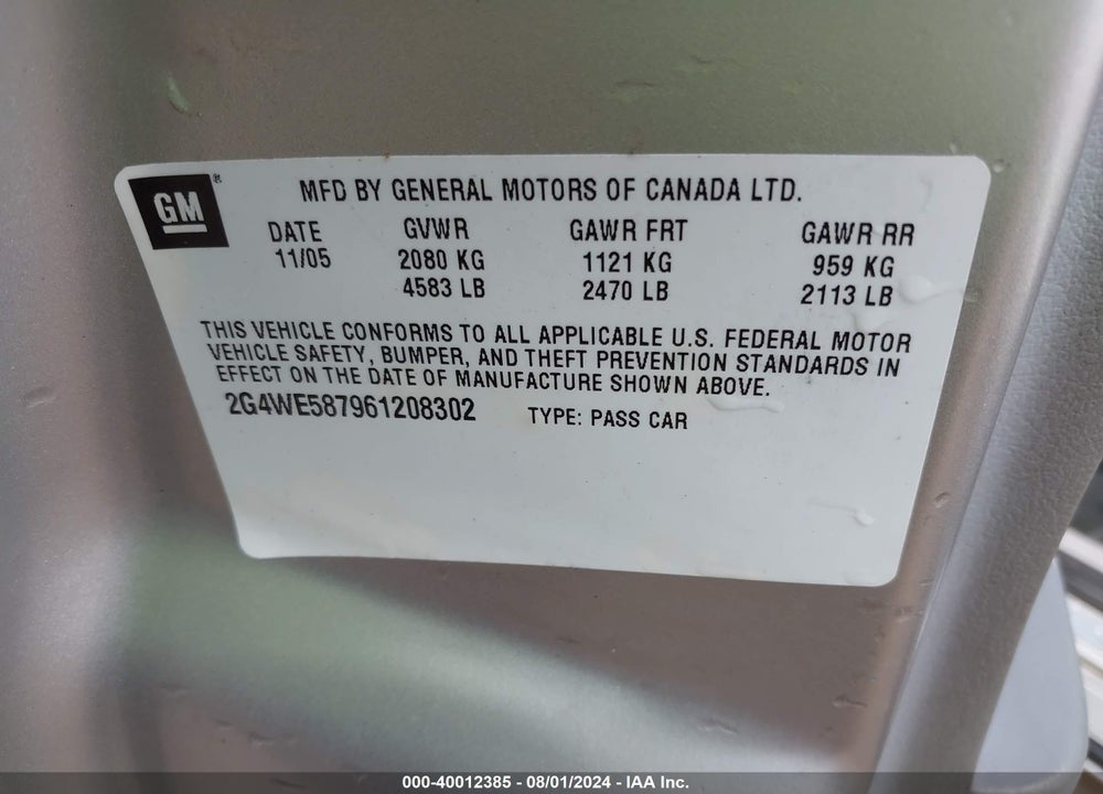 2006 BUICK LACROSSE VIN: 2G4WE587961208302