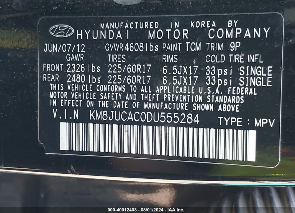 2013 HYUNDAI TUCSON GLS VIN: KM8JUCAC0DU555284