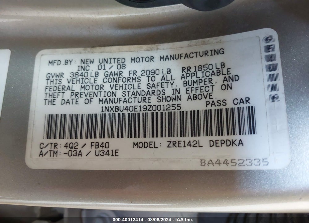 2009 TOYOTA COROLLA LE VIN: 1NXBU40E19Z001255