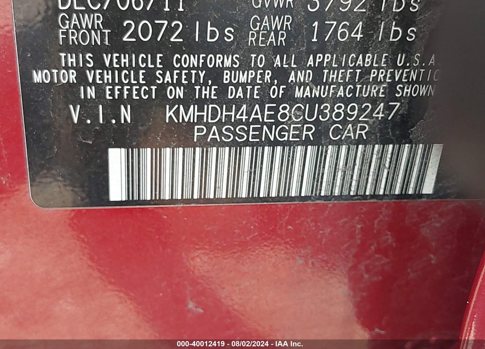 2012 HYUNDAI ELANTRA LIMITED (ULSAN PLANT) VIN: KMHDH4AE8CU389247