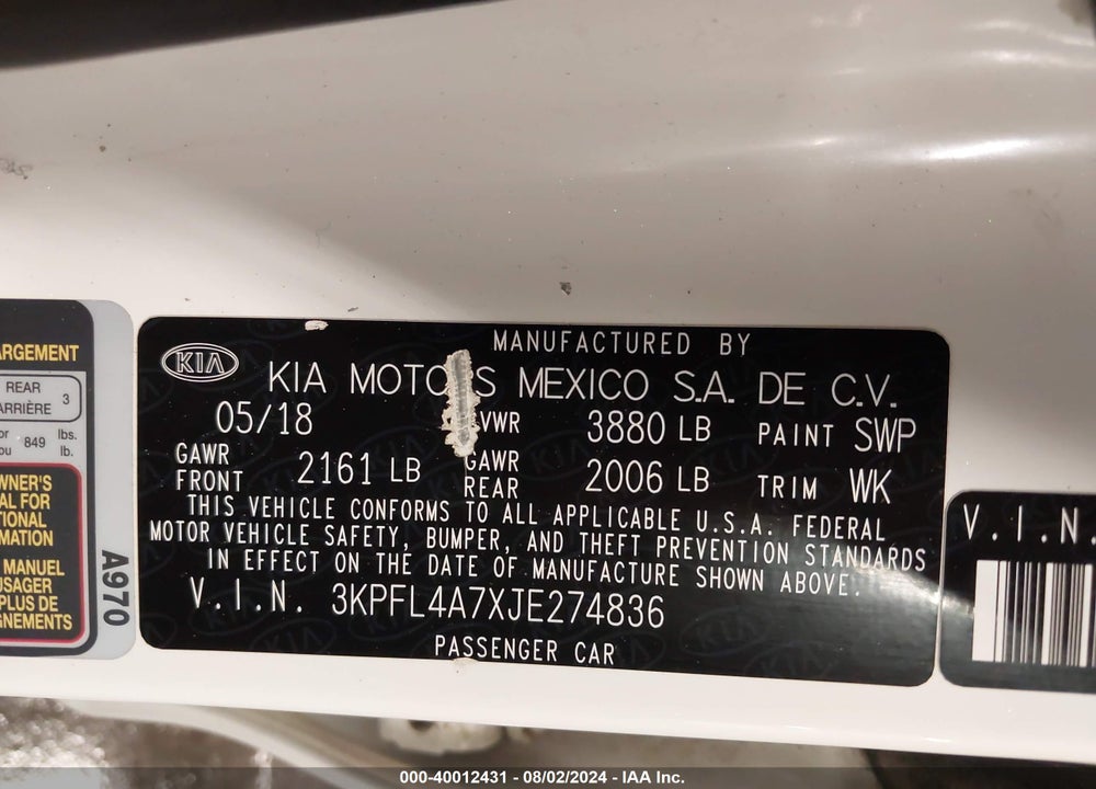 2018 KIA FORTE VIN: 3KPFL4A7XJE274836
