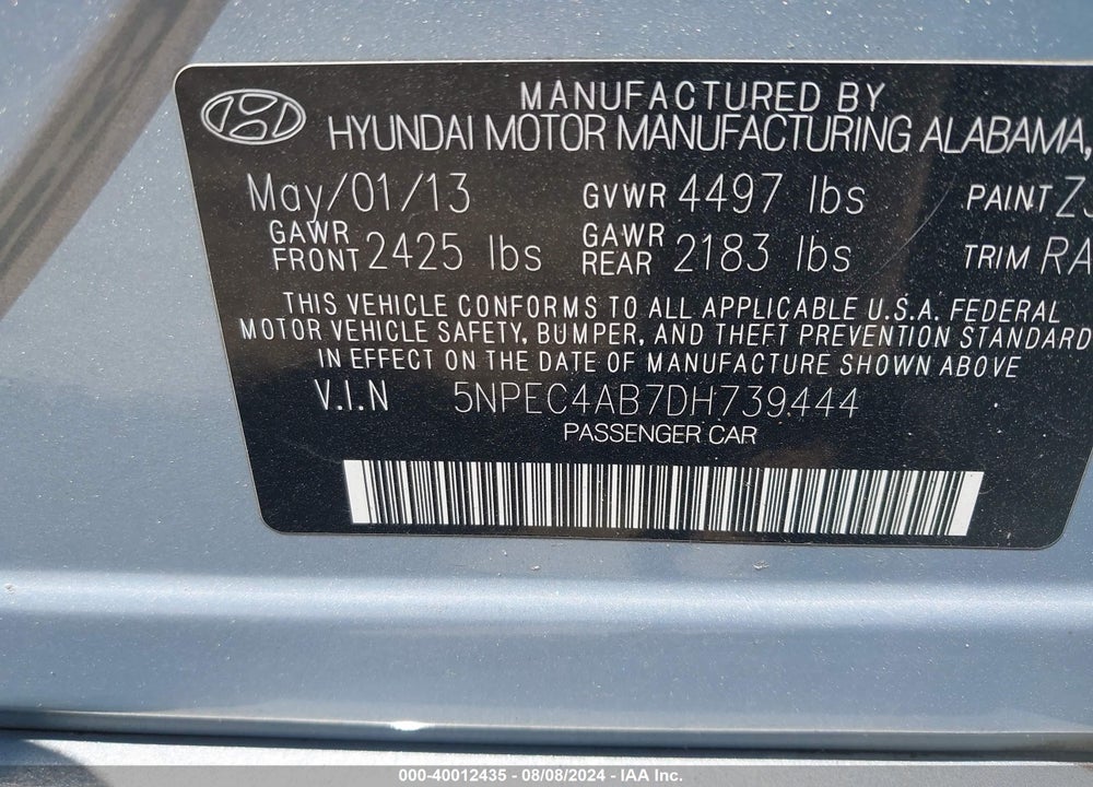 2013 HYUNDAI SONATA LIMITED 2.0T VIN: 5NPEC4AB7DH739444