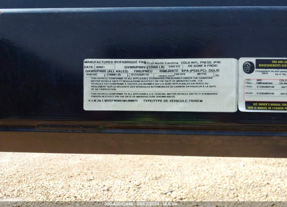 2021 KAUFMAN TRAILERS TRAILER VIN: 5VGFW5021ML009075