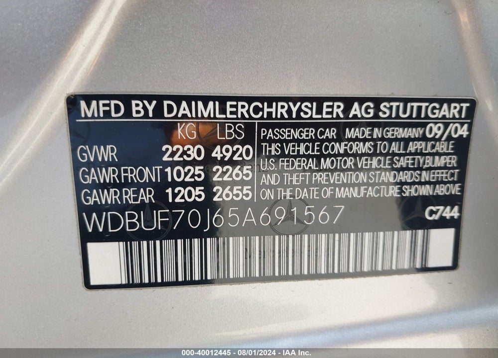 2005 MERCEDES-BENZ E 500 VIN: WDBUF70J65A691567