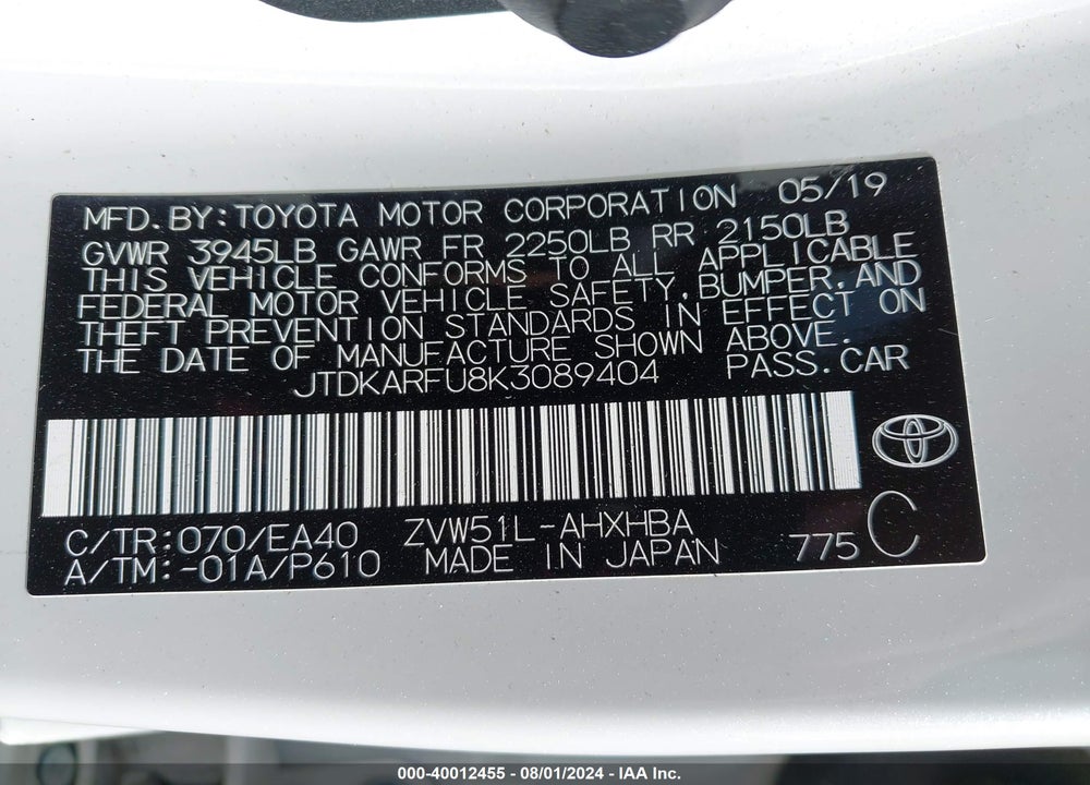 2019 TOYOTA PRIUS XLE VIN: JTDKARFU8K3089404