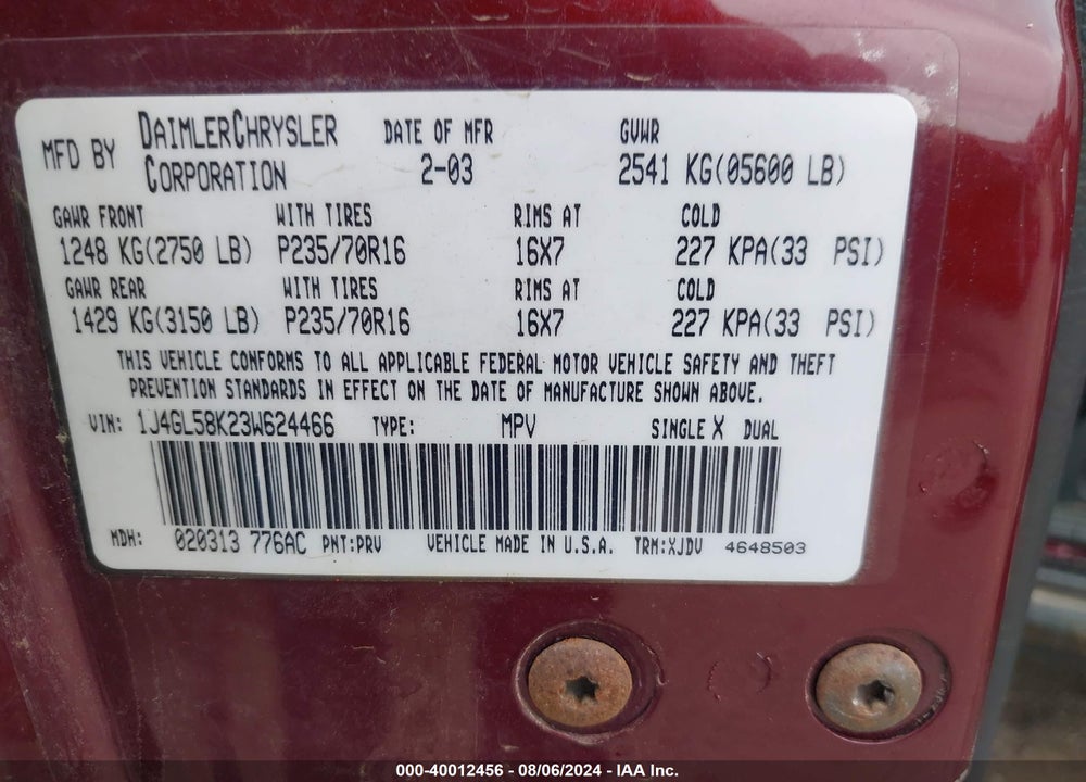2003 JEEP LIBERTY VIN: 1J4GL58K23W624466
