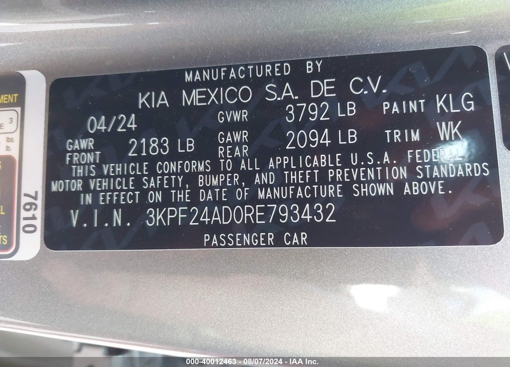2024 KIA FORTE LXS VIN: 3KPF24AD0RE793432