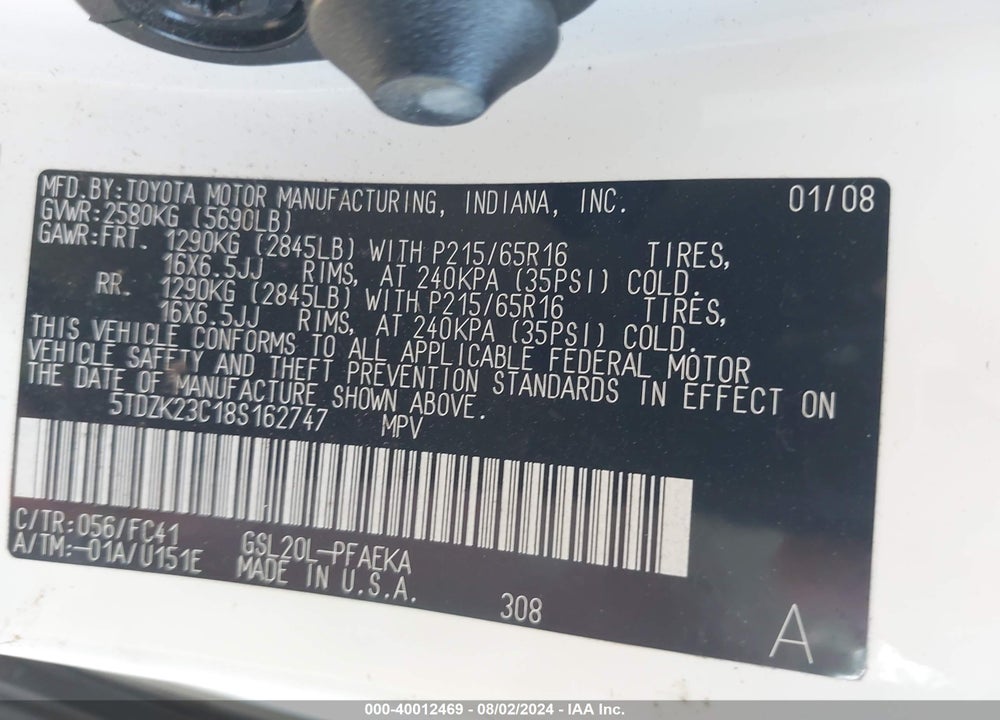 2008 TOYOTA SIENNA LE VIN: 5TDZK23C18S162747