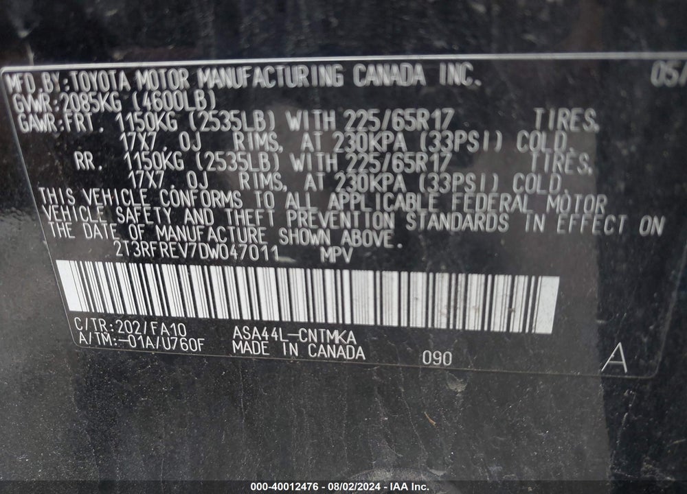 2013 TOYOTA RAV4 XLE VIN: 2T3RFREV7DW047011
