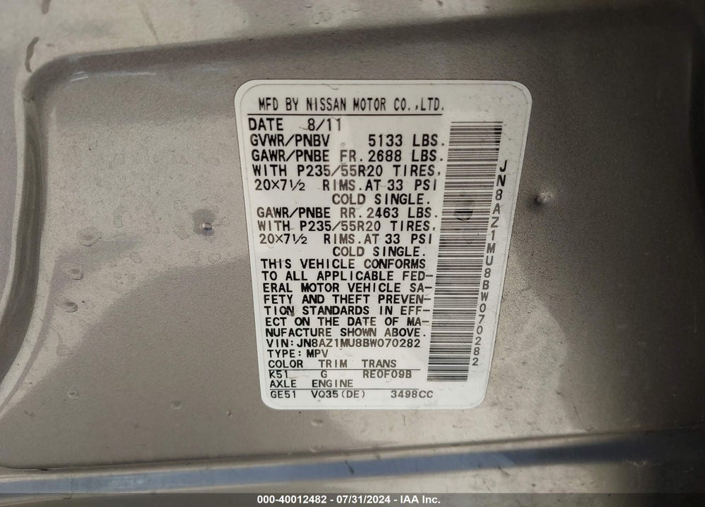 2011 NISSAN MURANO LE VIN: JN8AZ1MU8BW070282