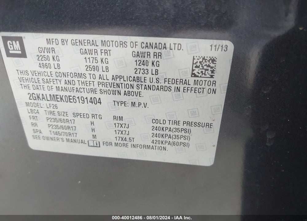 2014 GMC TERRAIN SLE-1 VIN: 2GKALMEK0E6191404