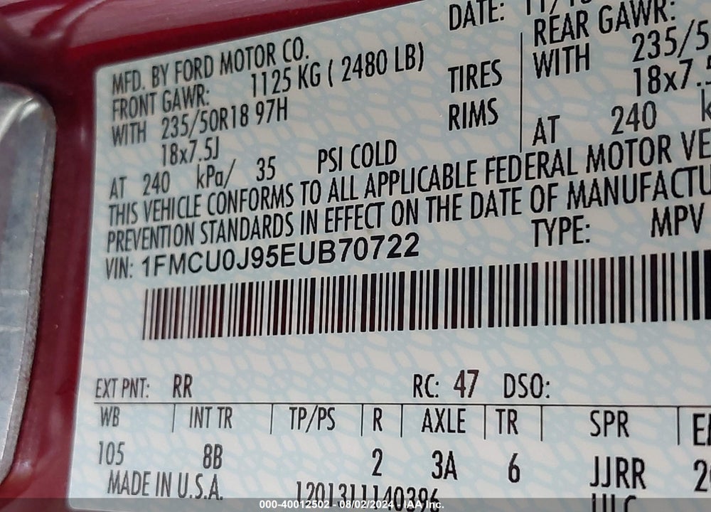 2014 FORD ESCAPE TITANIUM VIN: 1FMCU0J95EUB70722
