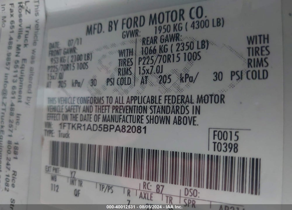 2011 RANGER FORD  XL VIN: 1FTKR1AD5BPA82081