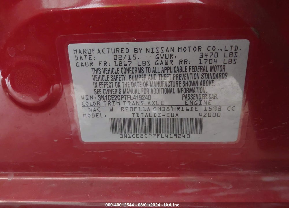 2015 NISSAN VERSA NOTE SV VIN: 3N1CE2CP7FL419240