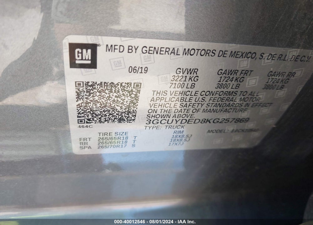 2019 CHEVROLET SILVERADO 1500 LT VIN: 3GCUYDED8KG257869