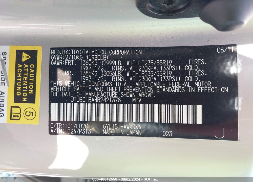 2011 LEXUS RX 450H VIN: JTJBC1BA4B2421378
