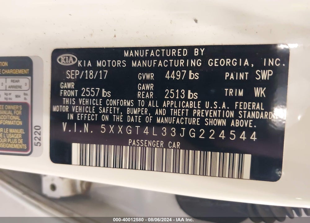 2018 KIA OPTIMA S VIN: 5XXGT4L33JG224544
