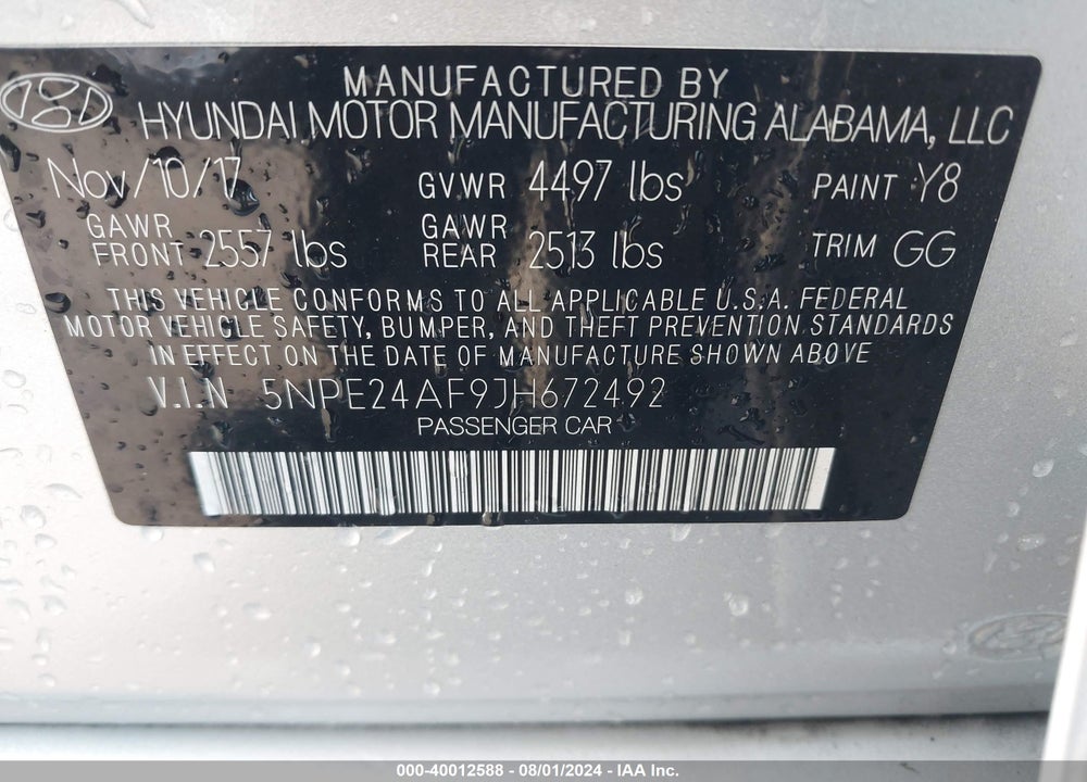 2018 HYUNDAI SONATA VIN: 5NPE24AF9JH672492