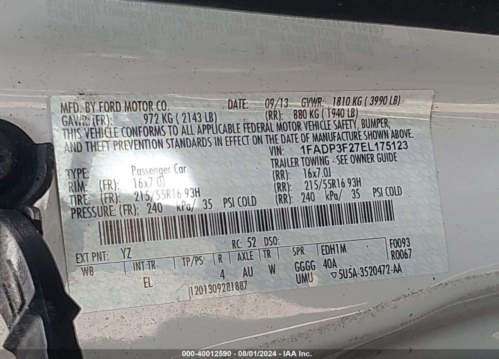 2014 FORD FOCUS SE VIN: 1FADP3F27EL175123