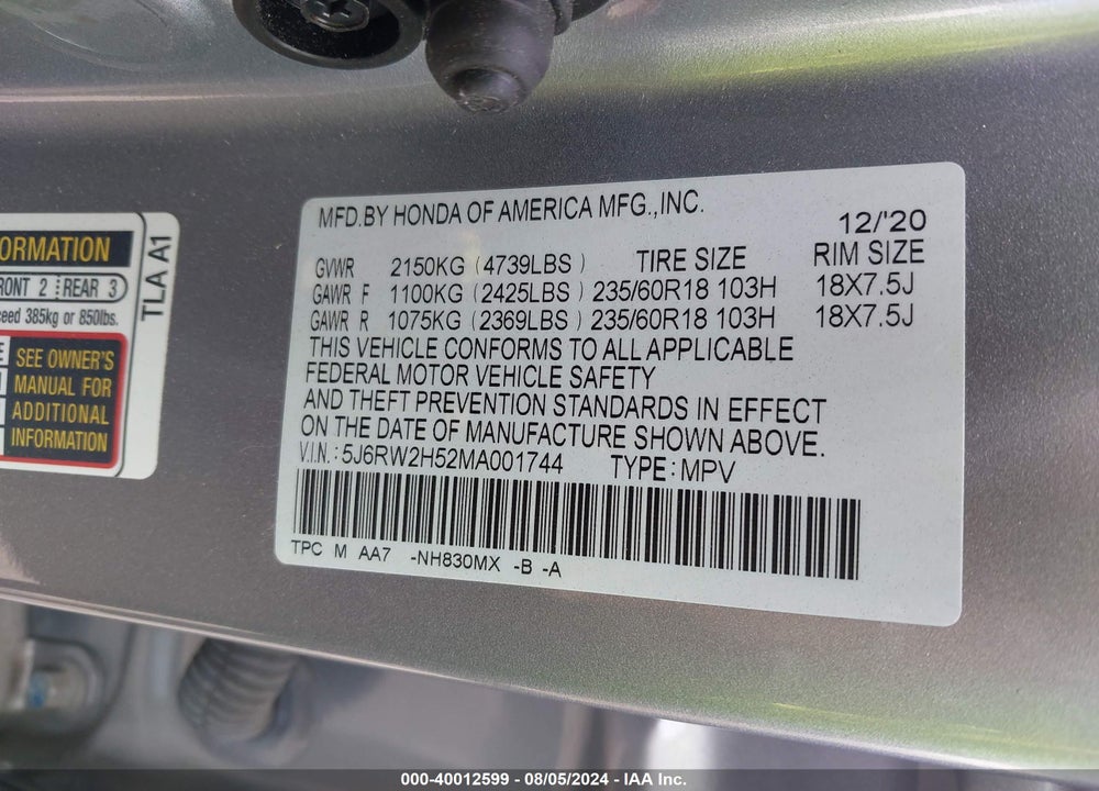 2021 HONDA CR-V AWD EX VIN: 5J6RW2H52MA001744