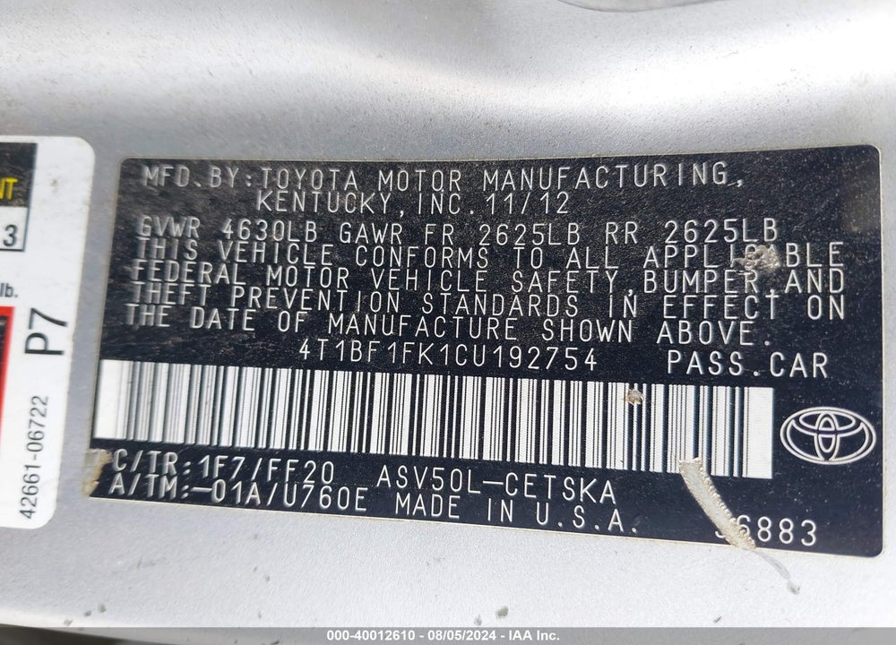2012 TOYOTA CAMRY SE VIN: 4T1BF1FK1CU192754