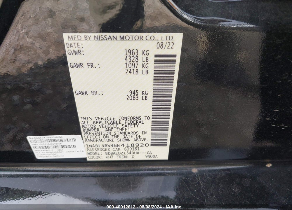2022 NISSAN ALTIMA S FWD VIN: 1N4BL4BV4NN418920