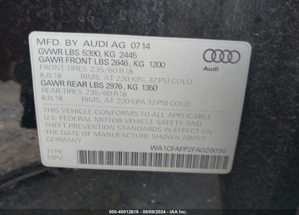 2015 AUDI Q5 VIN: WA1CFAFP2FA026036