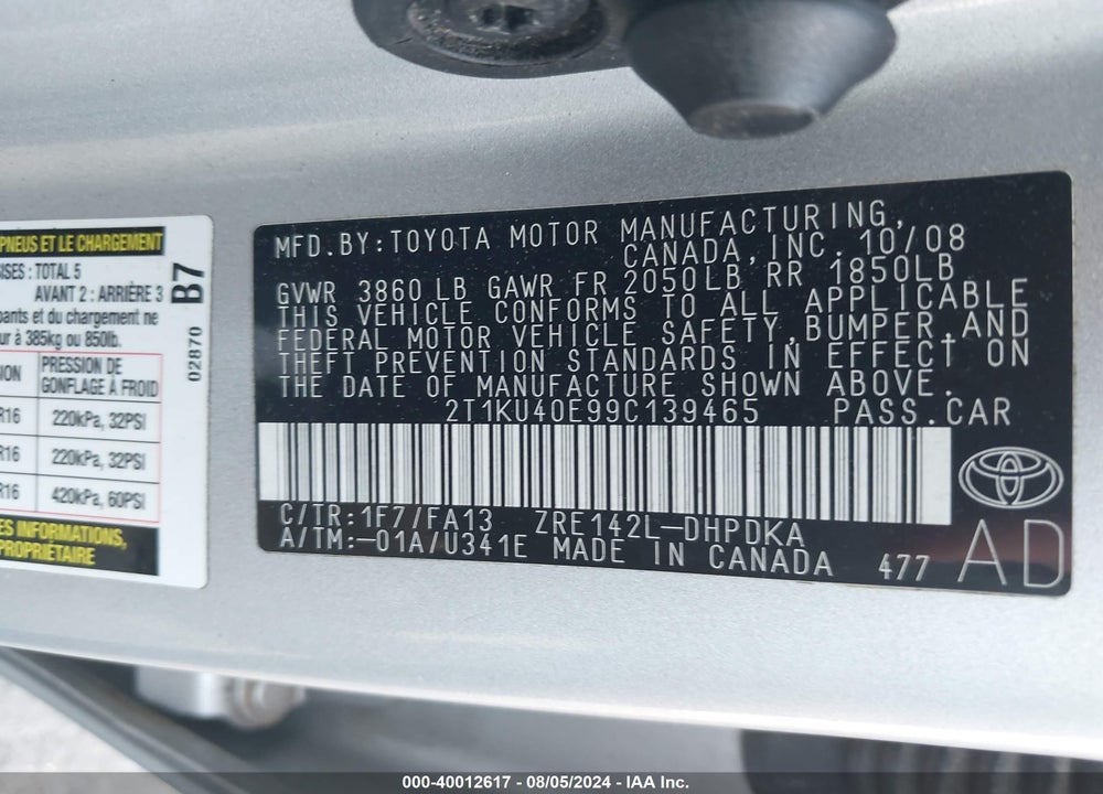 2009 TOYOTA MATRIX VIN: 2T1KU40E99C139465