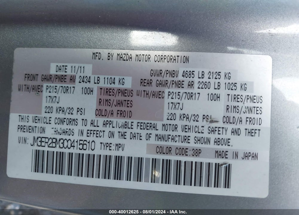 2012 MAZDA CX-7 I SPORT VIN: JM3ER2BM3C0415610