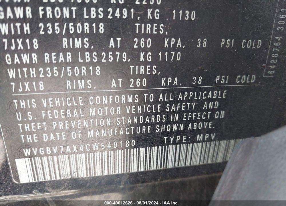 2012 VOLKSWAGEN TIGUAN SE VIN: WVGBV7AX4CW549180