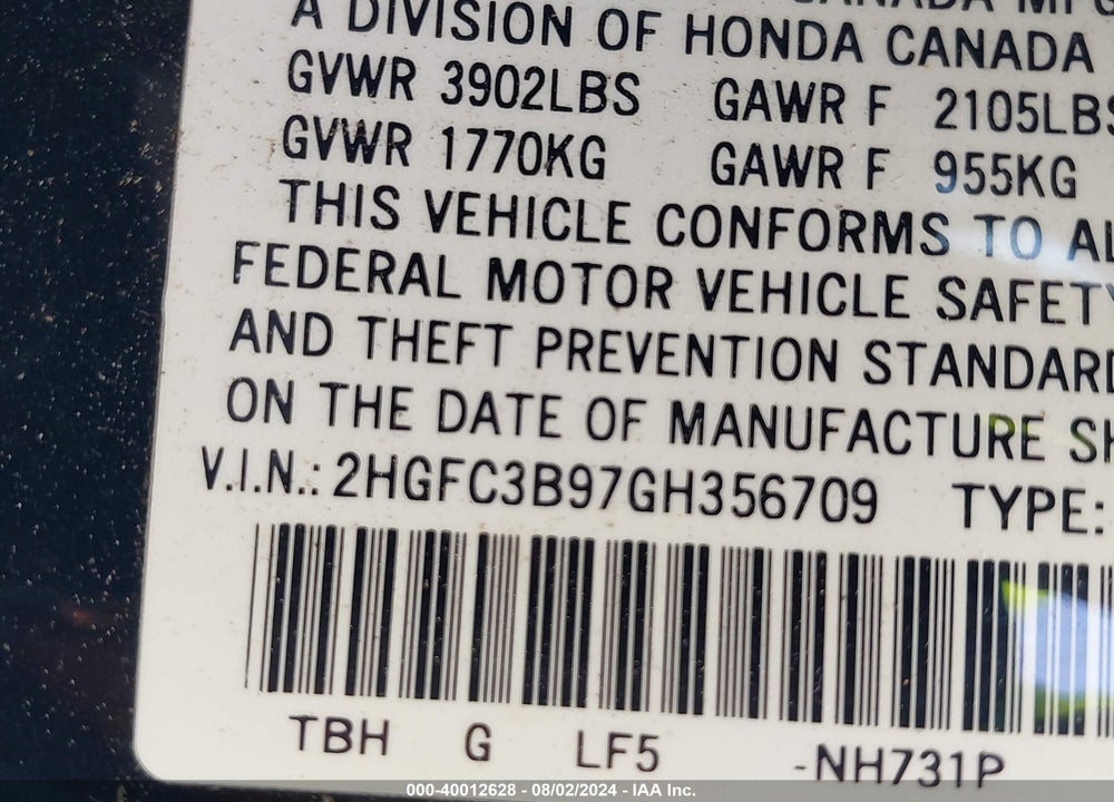 2016 HONDA CIVIC TOURING VIN: 2HGFC3B97GH356709