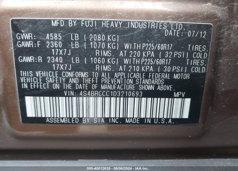 2013 SUBARU OUTBACK 2.5I PREMIUM VIN: 4S4BRCCC1D3210693