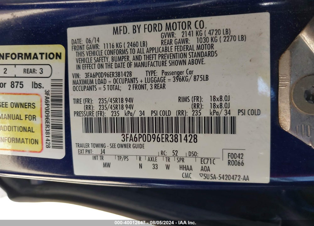 2014 FORD FUSION TITANIUM VIN: 3FA6P0D96ER381428