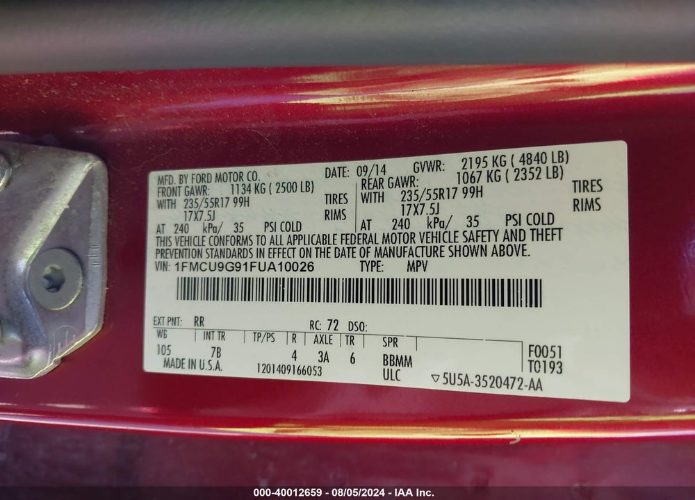 2015 FORD ESCAPE SE VIN: 1FMCU9G91FUA10026