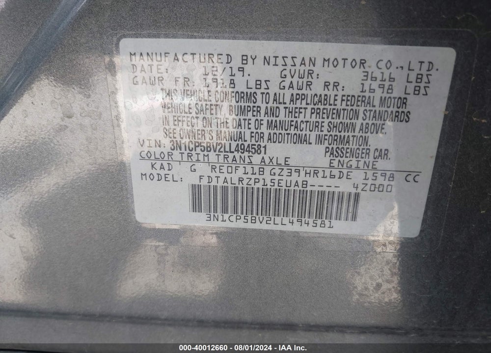 2020 NISSAN KICKS S XTRONIC CVT VIN: 3N1CP5BV2LL494581