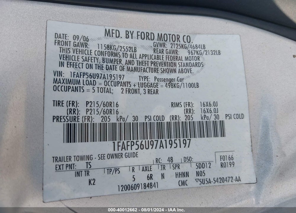 2007 FORD TAURUS SEL VIN: 1FAFP56U97A195197