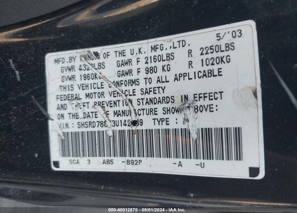 2003 HONDA CR-V EX VIN: SHSRD78893U142439