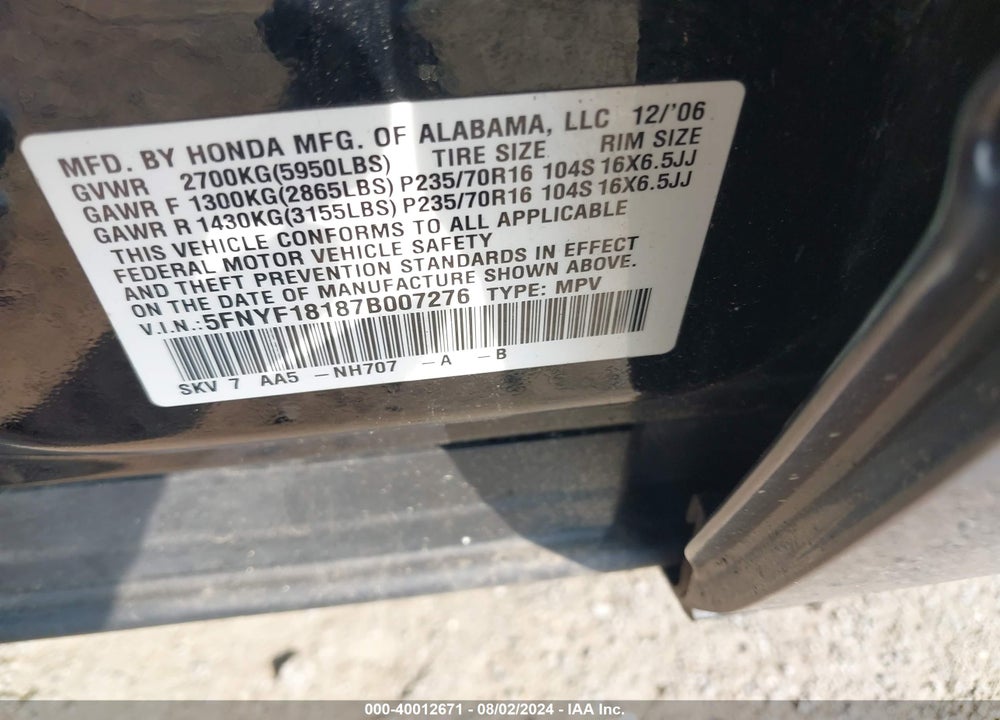 2007 HONDA PILOT LX VIN: 5FNYF18187B007276