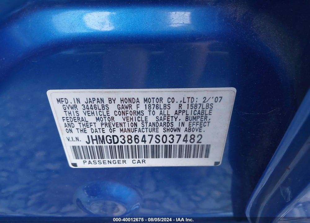 2007 HONDA FIT SPORT VIN: JHMGD38647S037482