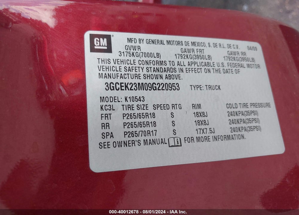 2009 CHEVROLET SILVERADO 1500 LT VIN: 3GCEK23M09G220953