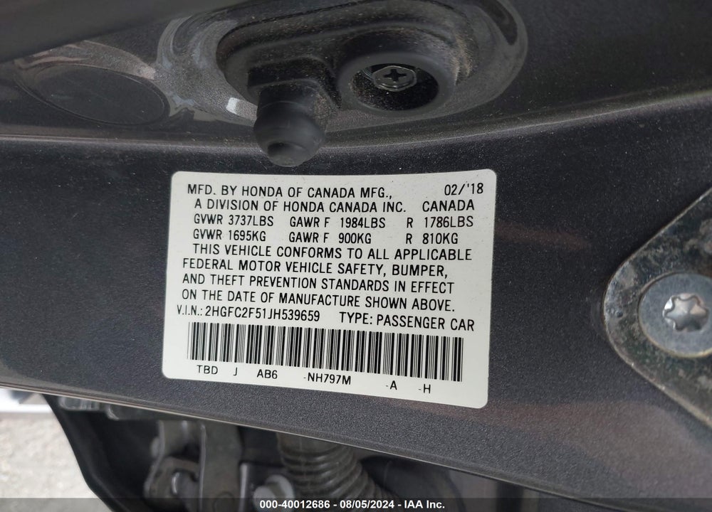 2018 HONDA CIVIC LX VIN: 2HGFC2F51JH539659