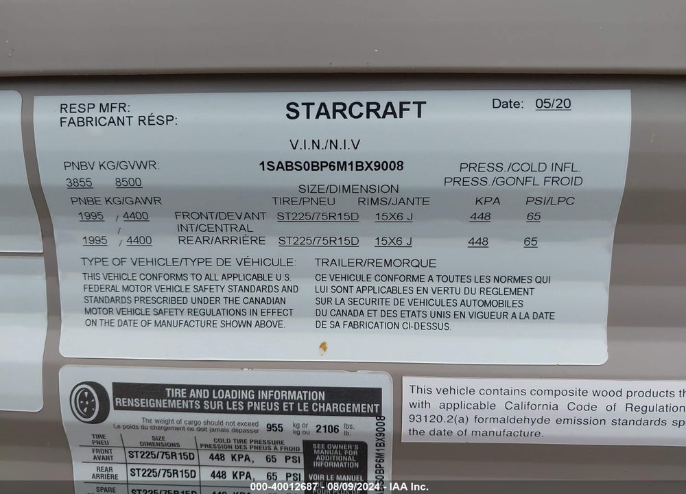2021 STARCRAFT OTHER VIN: 1SABS0BP6M1BX9008