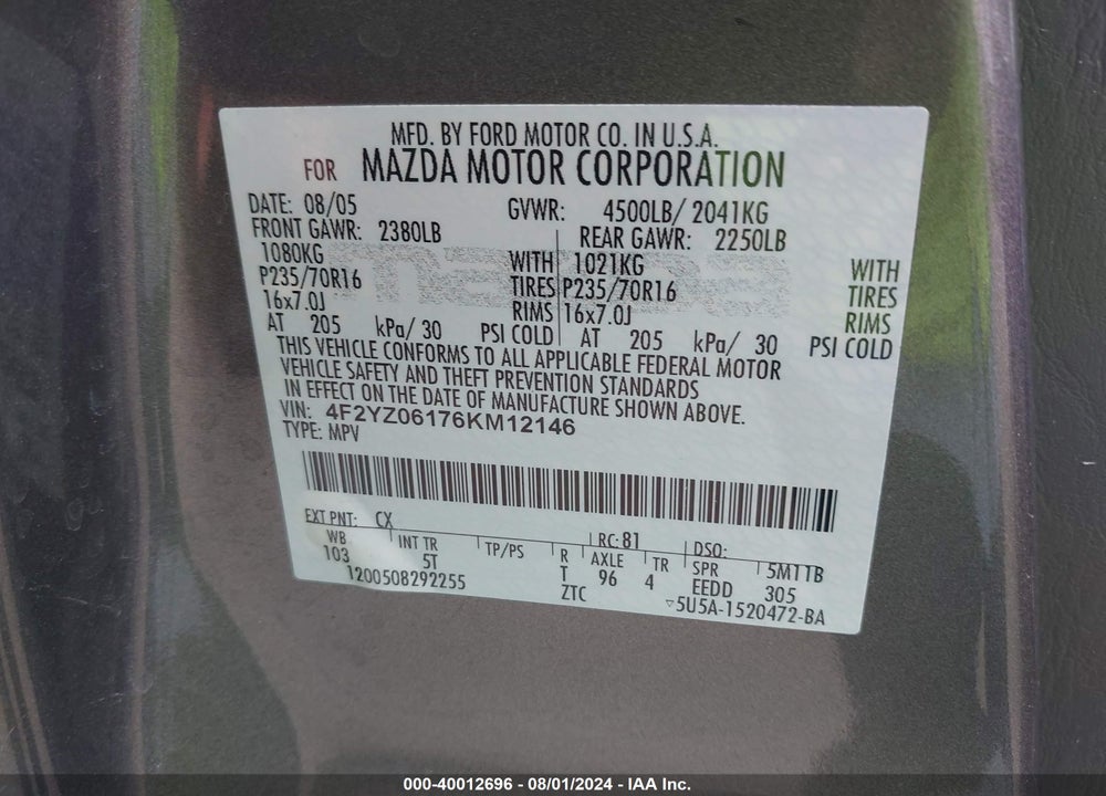 2006 MAZDA TRIBUTE S VIN: 4F2YZ06176KM12146
