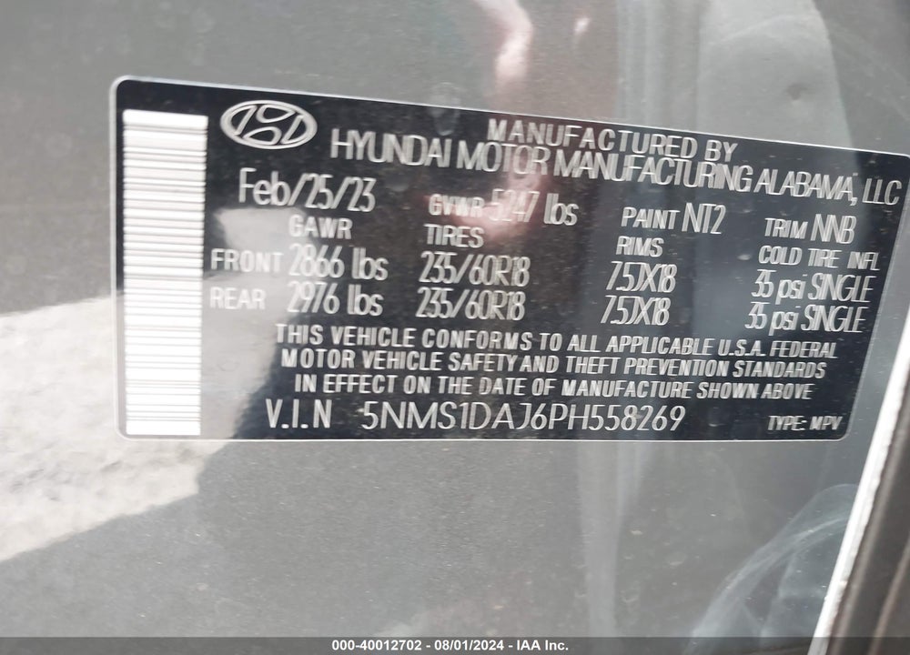 2023 HYUNDAI SANTA FE SE VIN: 5NMS1DAJ6PH558269